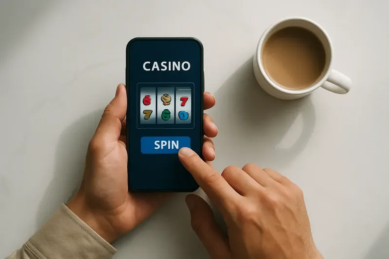 Man's hands tapping mobile casino interface on white marble desk