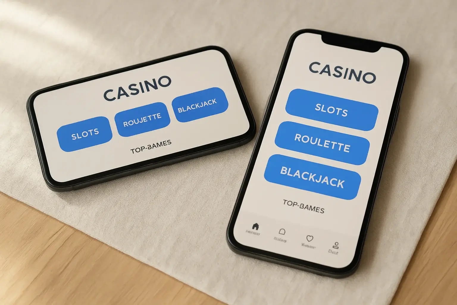 Casino App Phones Two smartphones displaying a clean light casino app on white surface