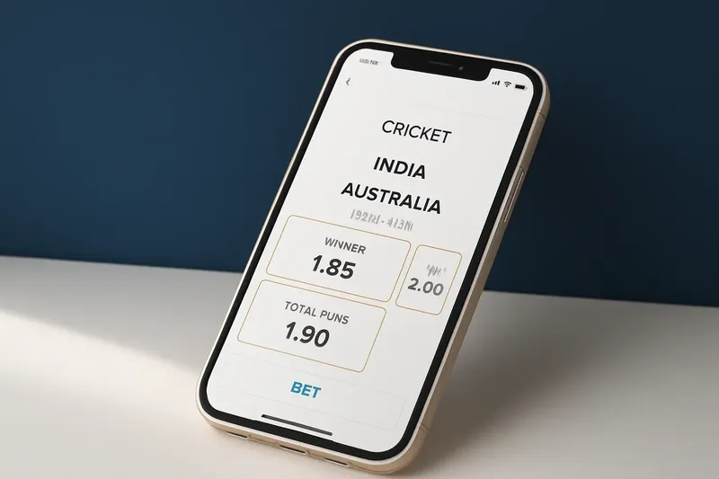 Phone mockup showing cricket match betting odds in modern white and gold UI