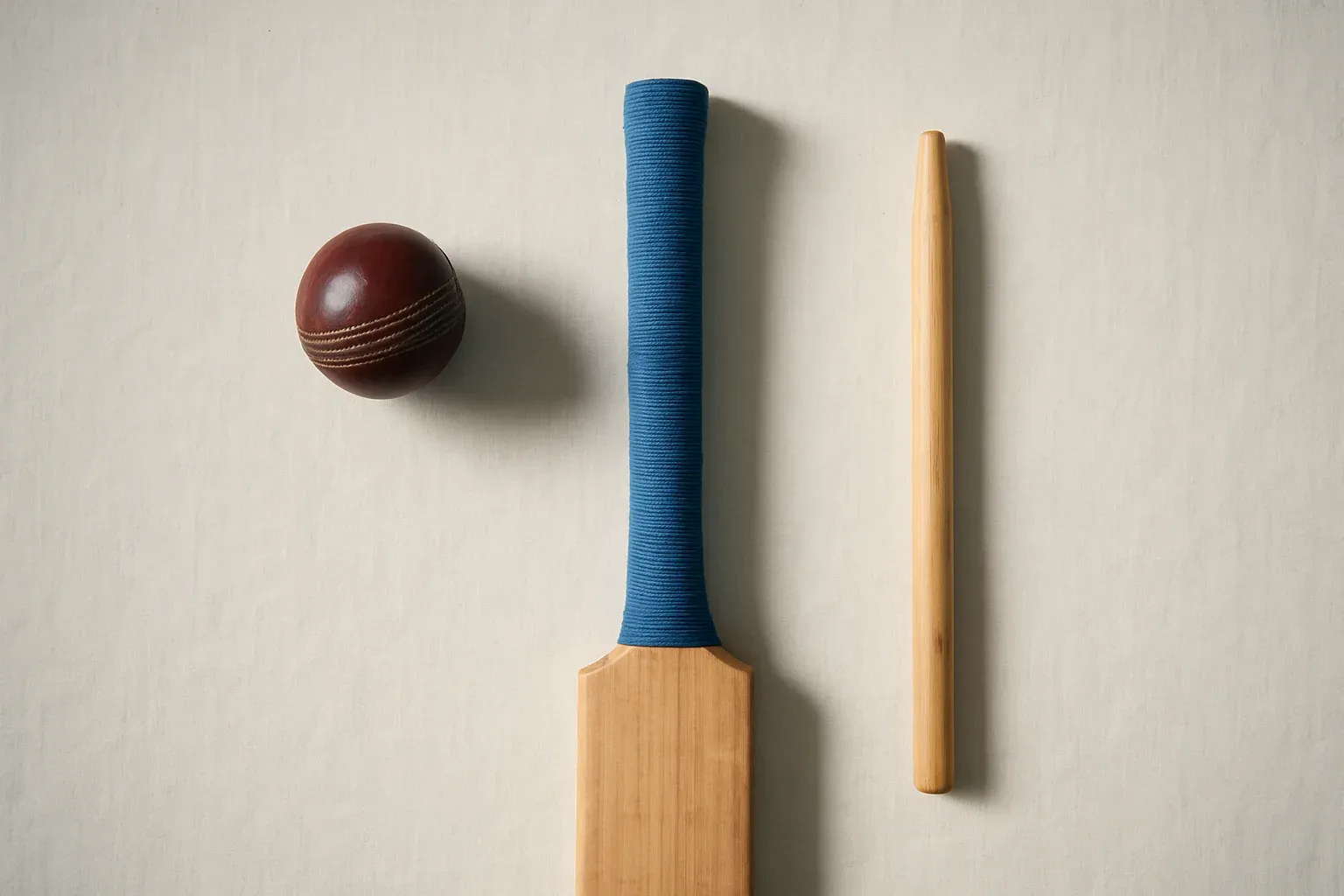 Overhead flat lay of cricket ball, bat handle, and stump
