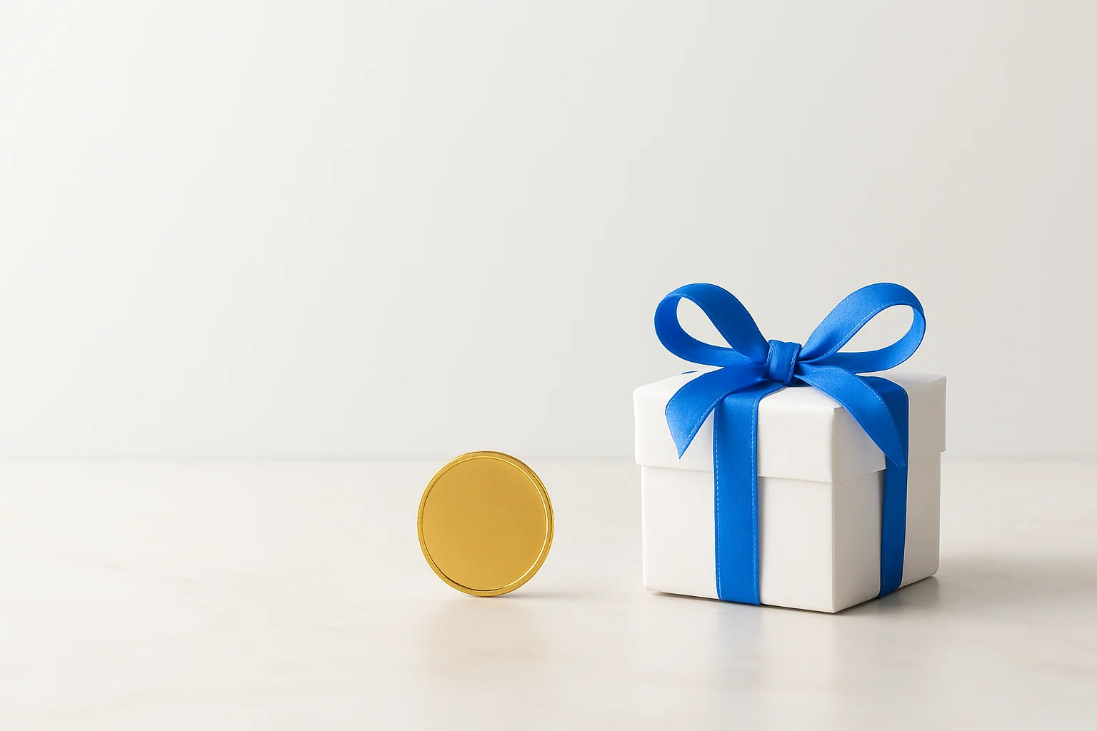 Single gold coin beside small unwrapped gift box on cream marble