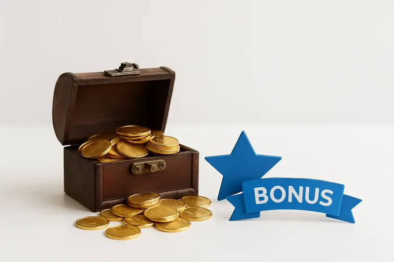 Open treasure box spilling gold coins with badge and ribbon
