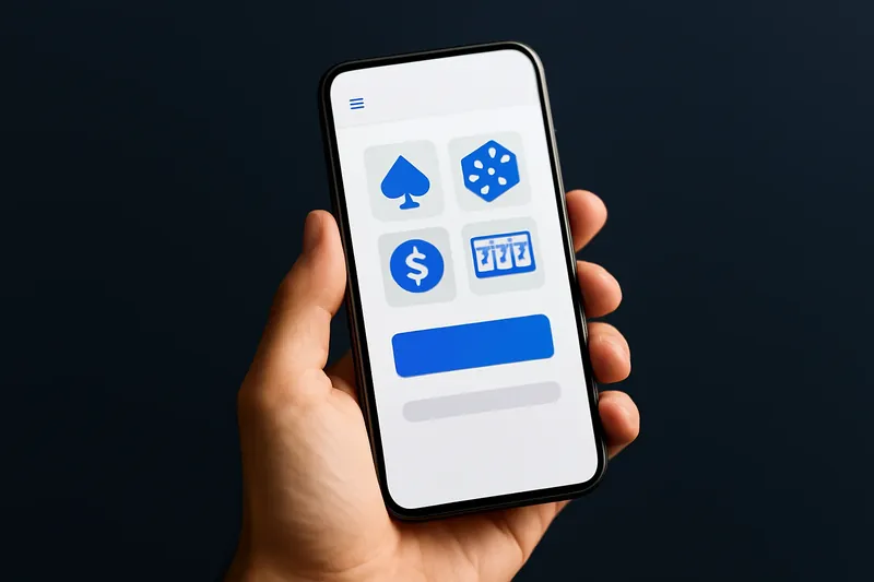 Hand holding smartphone with clean light-themed casino interface in warm lighting