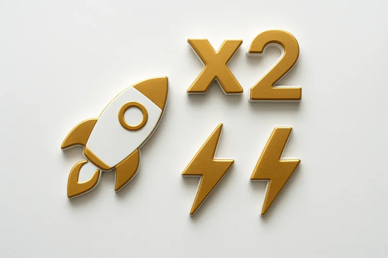 Rocket, multiplier symbols, and lightning bolts on white surface