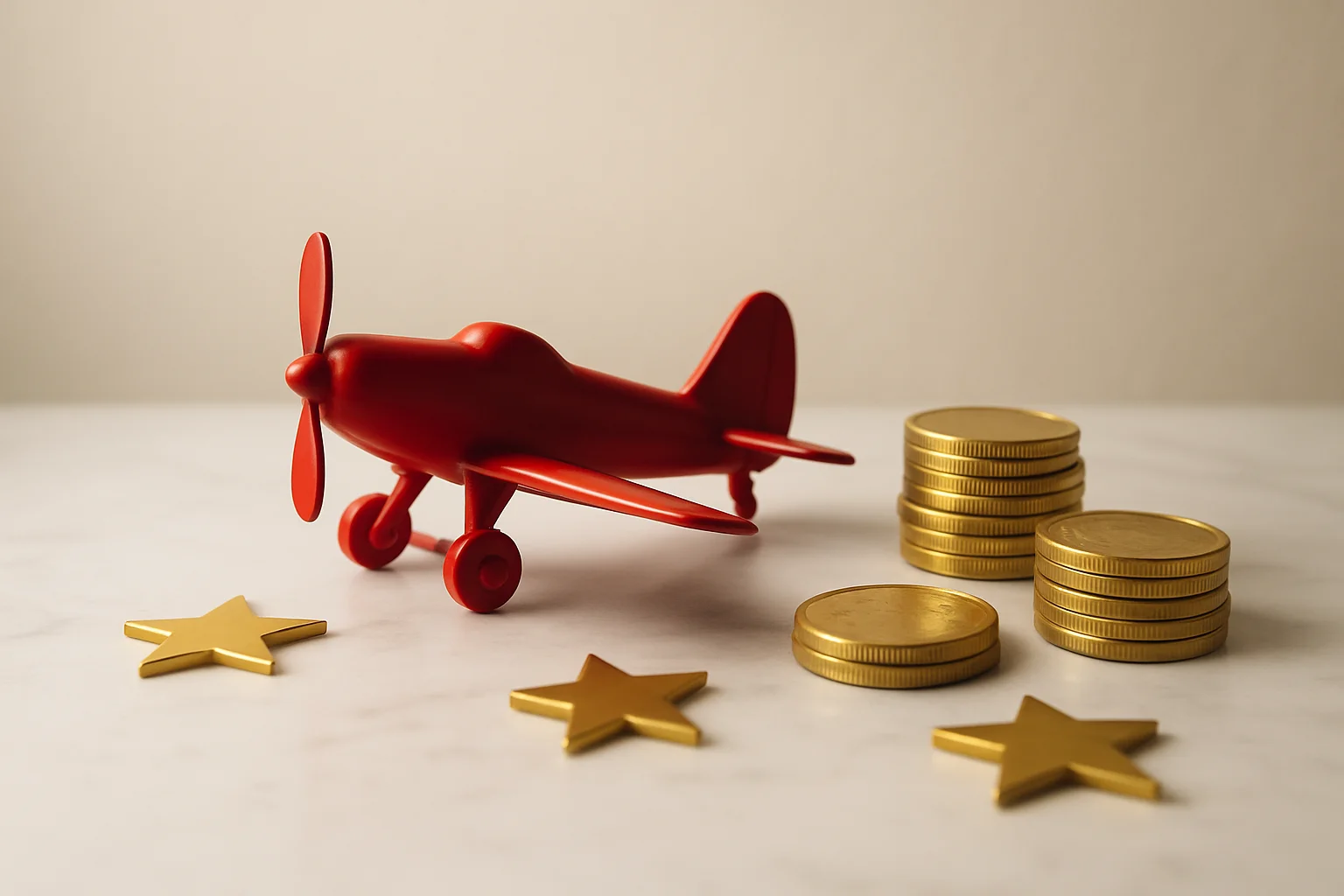 Miniature red airplane with gold coins and star tokens on marble