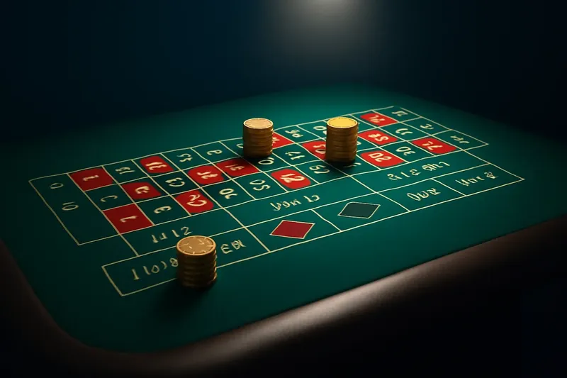Top-down roulette table with green felt grid and gold chip stacks