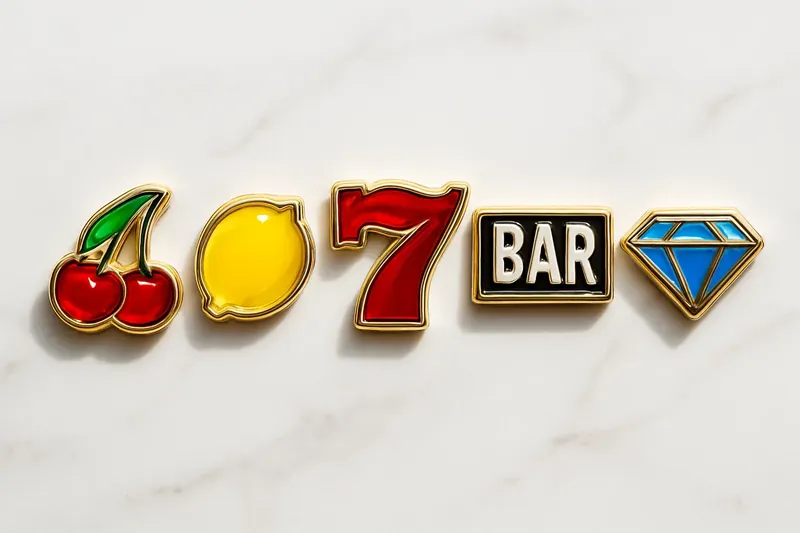 Five polished slot symbols in a neat row on white marble