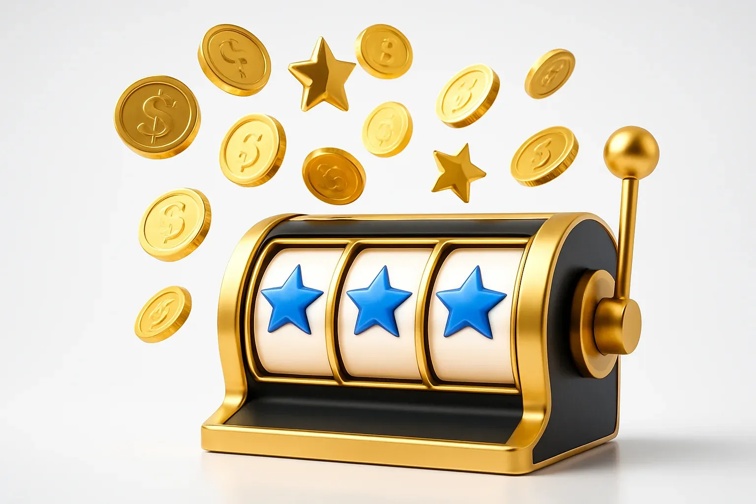 Slot machine jackpot with floating coins and stars on white background
